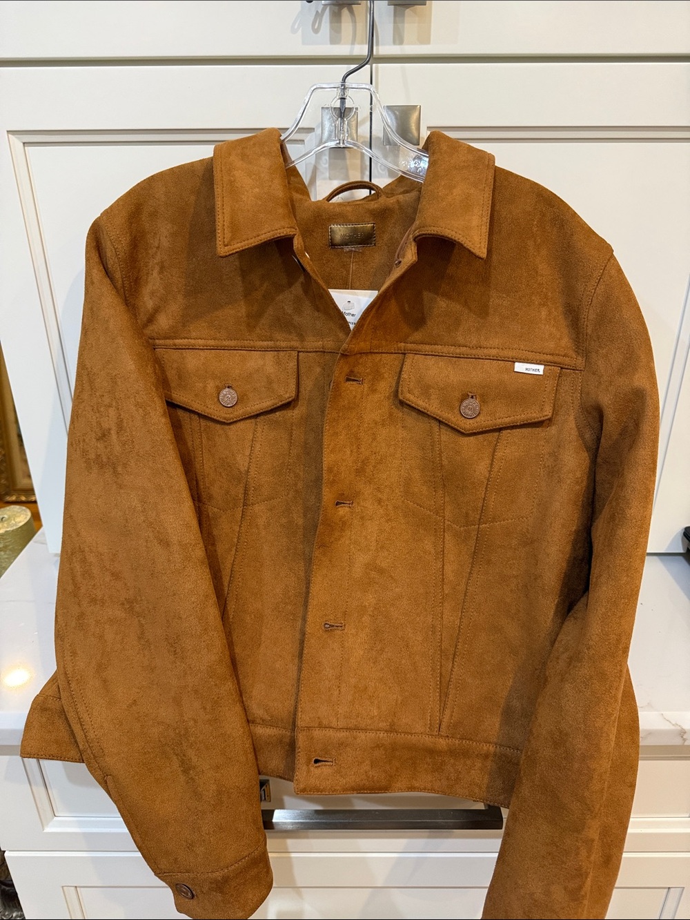 NWT MOTHER Suede Trucker Jacket With Sun on back- Cognac Brown